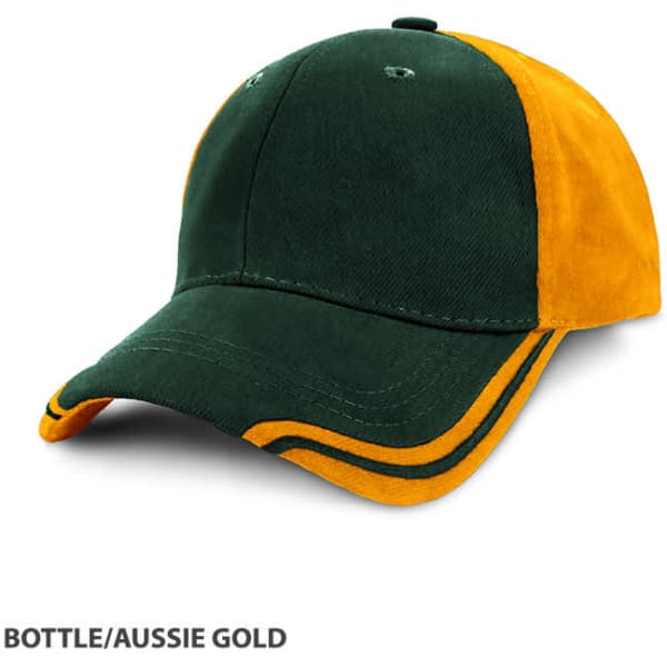 A cap in bottle green and Aussie gold with a contrasting design and a logo.
