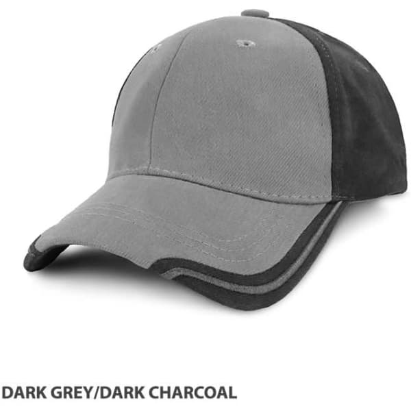 A dark grey and dark charcoal cap featuring a logo on the front.
