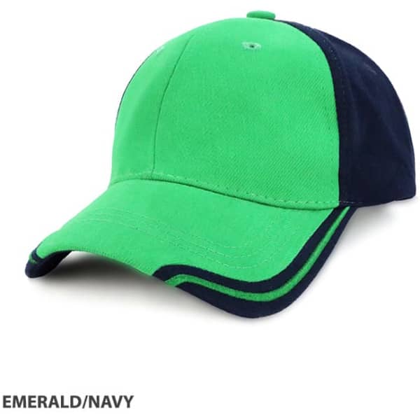 A cap featuring an emerald green front and navy blue sides, with a logo on the front.