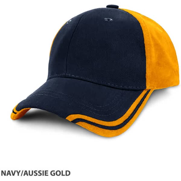 A navy and Aussie gold cap featuring a two-tone design and a logo on the front.