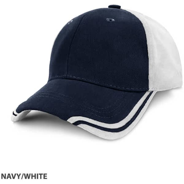 A navy and white cap with a curved brim and a logo on the front.