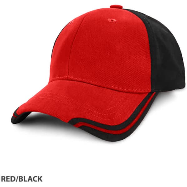 A red and black cap featuring a curved peak and contrasting stripes, with a logo present on the front.