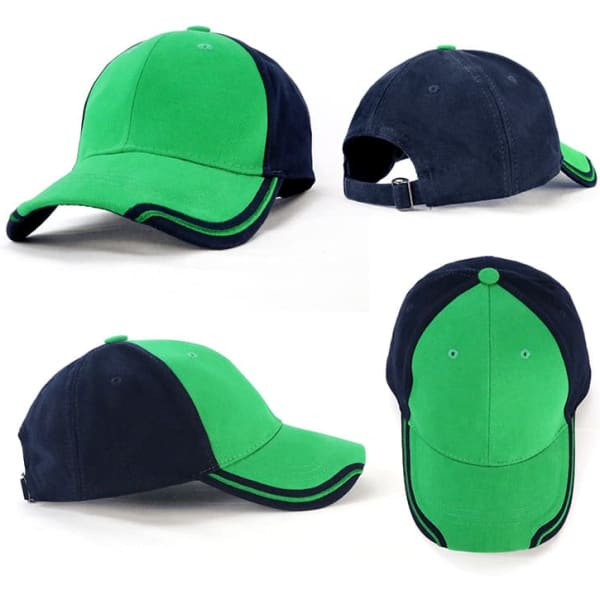 A green and navy cap featuring a logo, showcasing various angles and views of the headwear.