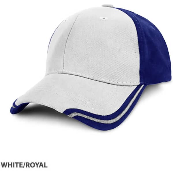 A cap in white and royal blue with a structured design and a logo on the front.