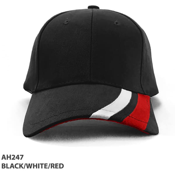 A black cap with red and white accents on the visor and a logo on the side.