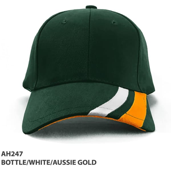 A green cap with a white and Aussie gold patterned visor and a logo.