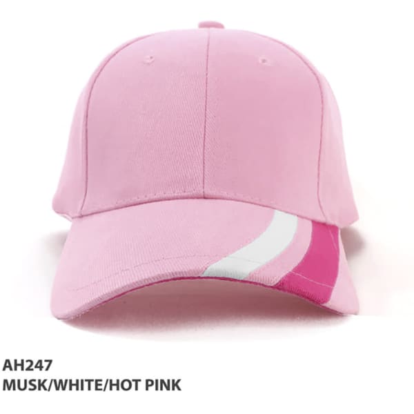 A pink cap featuring musk, white, and hot pink accents, with a logo on the front.