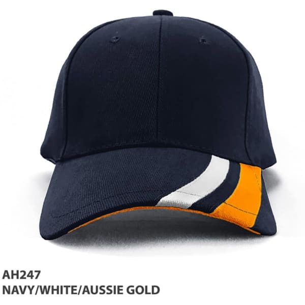 A cap in navy, white, and Aussie gold with a logo, featuring a curved design on the brim.