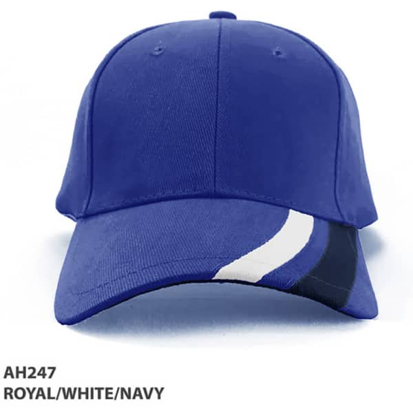 A royal blue cap with white and navy accents, featuring a logo on the front.