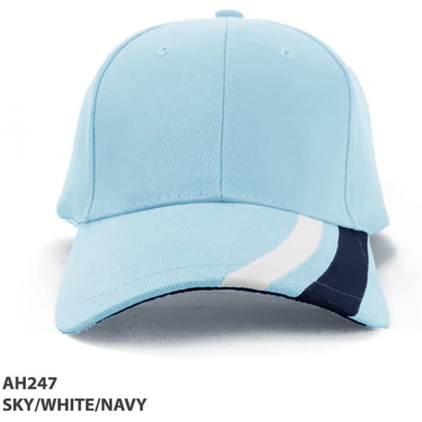 A light blue cap with a navy and white design on the brim, featuring a logo on the front.