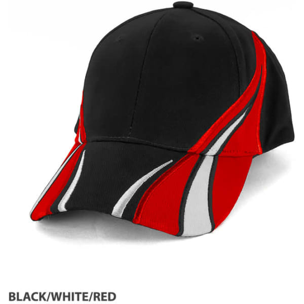 A black cap with red and white accents, featuring a logo on the front.