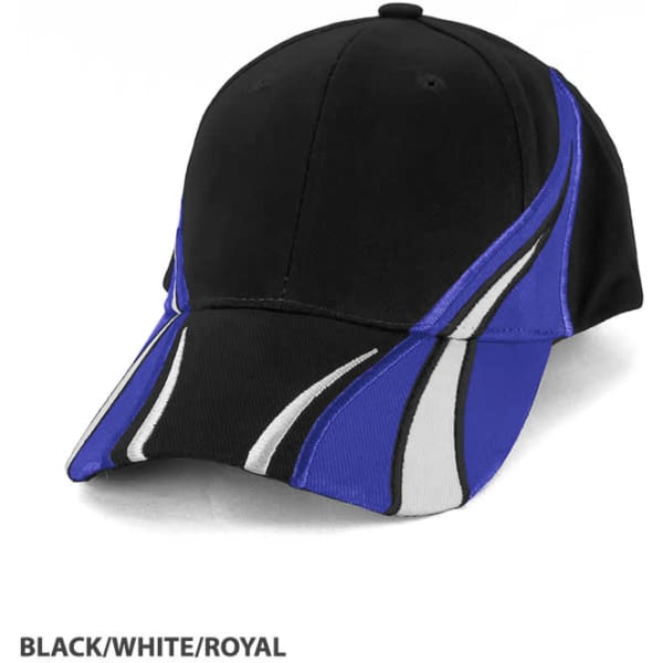 A black cap with royal blue and white accents, featuring a structured design and a logo on the front.