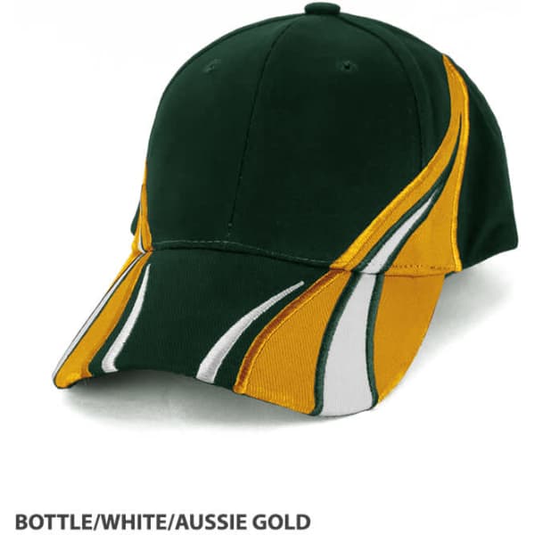 A cap featuring a bottle green, white, and Aussie gold design, with a logo on the front and curved lines.
