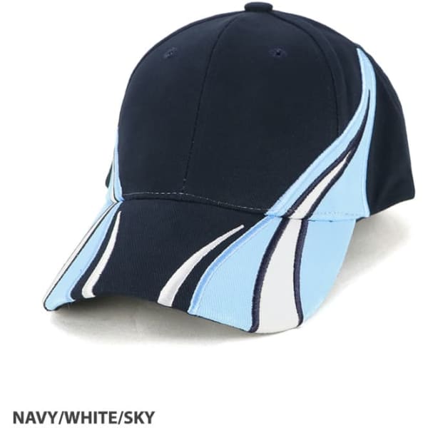 A navy, white, and sky blue cap with a curved design and a logo on the front.