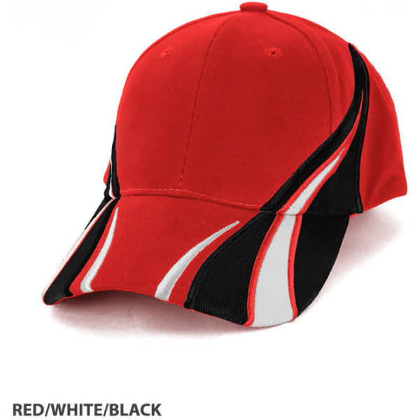 A red, white, and black cap with a stylish design and a logo on the front.
