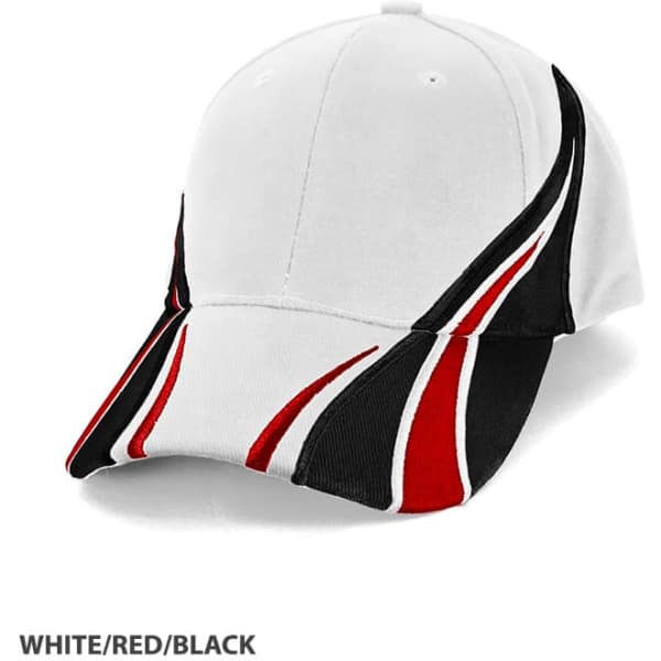 A cap in white, red, and black with a sporty design and a logo on the front.