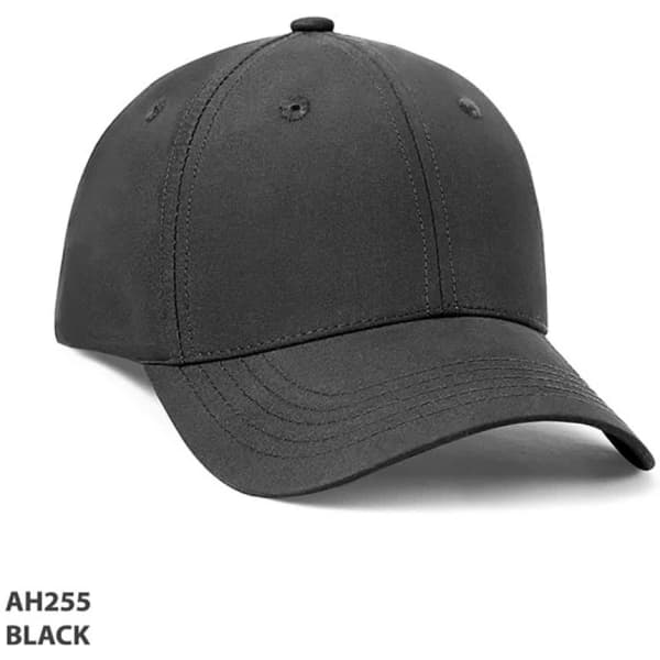 A black premium Rpet cap with a curved peak and an adjustable strap at the back. It features a logo.