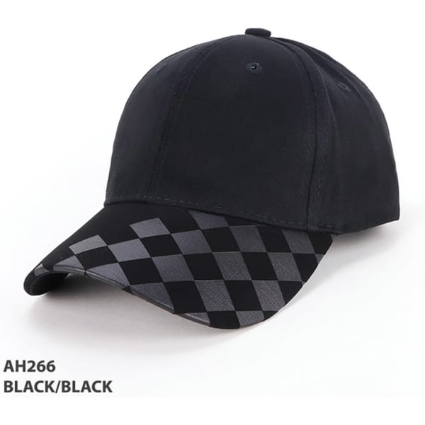 A black cap with a black and grey checkered brim, featuring a logo on the front.