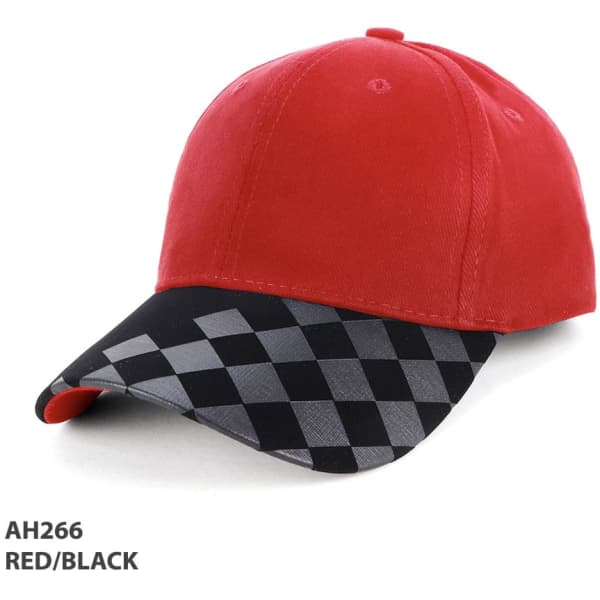 A red and black cap featuring a checkered pattern on the peak and a logo.