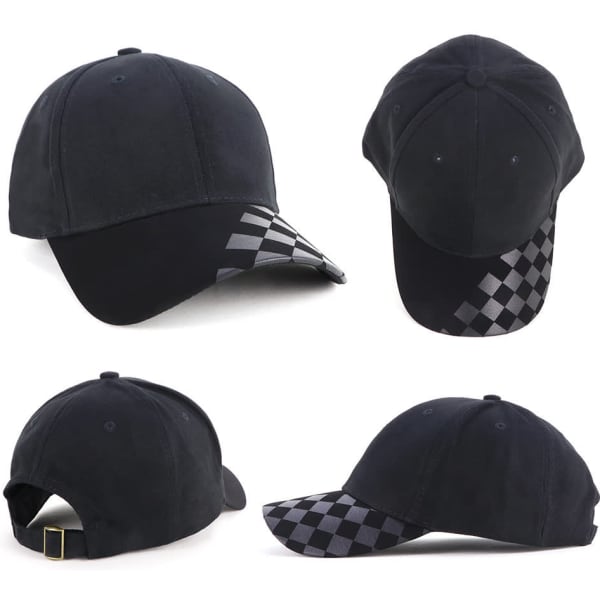 A black cap featuring a patterned peak and adjustable strap, with a logo on one side.