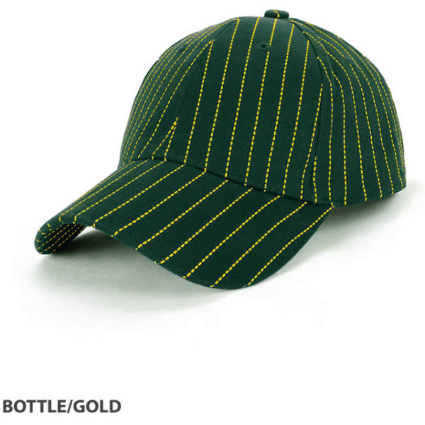 A green cap with yellow pinstripes and a curved brim, featuring a logo on the front.