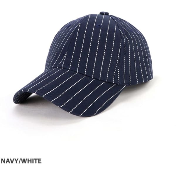 A navy and white striped cap with a curved brim and an embroidered logo.
