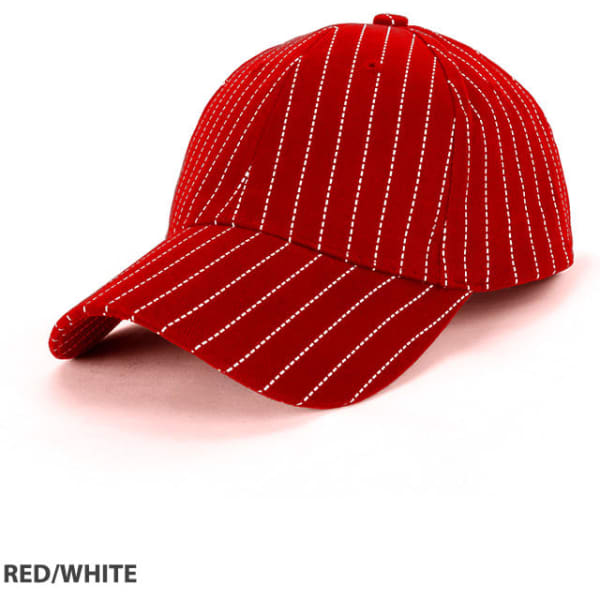 A red and white striped cap with a curved brim and a logo on the front.