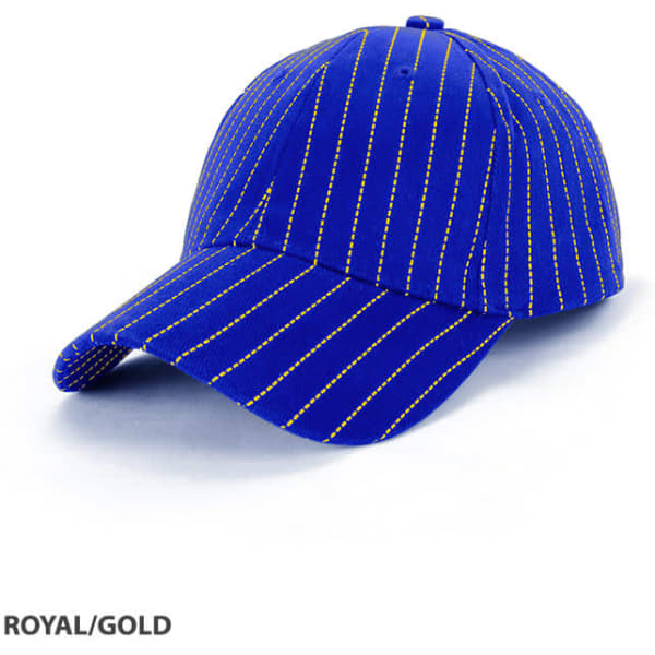 A blue cap with gold stripes, featuring a curved brim and a logo on the front.