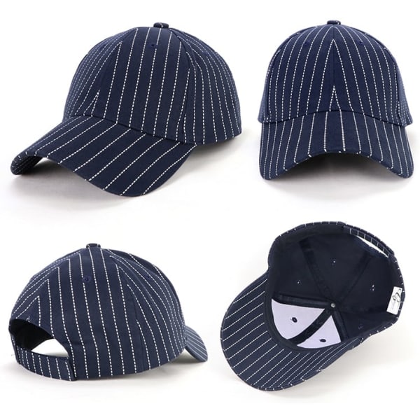 A navy blue cap featuring a pinstripe design and a logo, displayed from multiple angles.