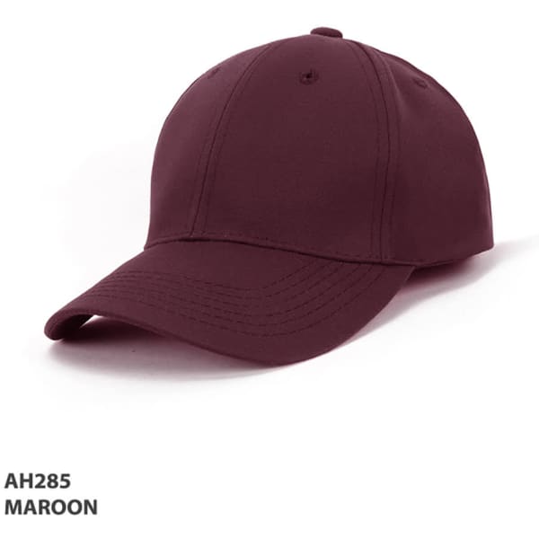 A maroon school sports cap with a curved brim and a logo on the front.