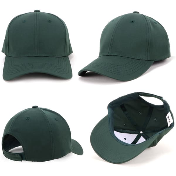 A green cap featuring a solid design and a back strap for adjustment. It has a logo on the side.