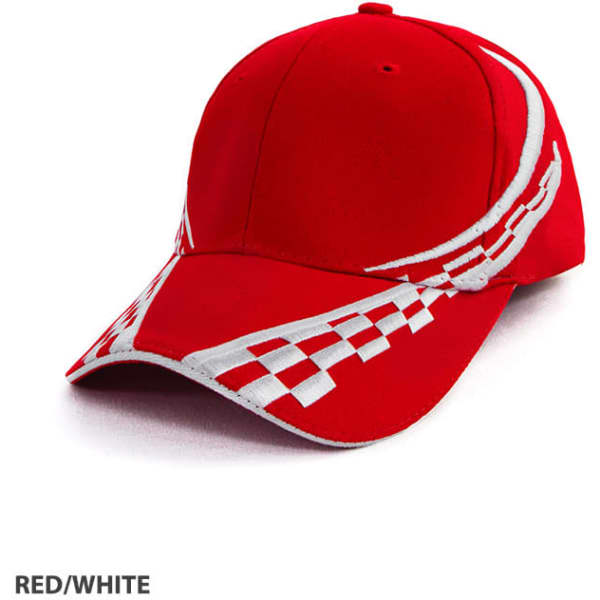 A red and white cap with a checkered pattern and a logo on the front.