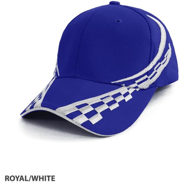 A blue and white cap featuring a checkered design and a logo.