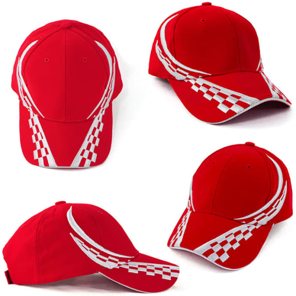 Aero Cap in bright red with a white pattern and logo; features a traditional cap design.