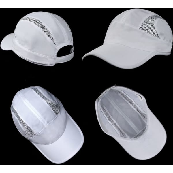 A white runner cap featuring mesh panels, with a branded logo and multiple angles displayed on a black background.
