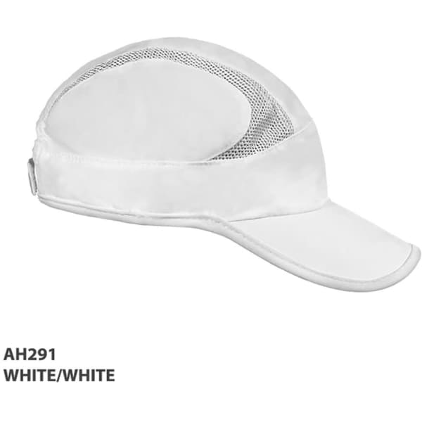 A white runner cap with a mesh panel and a curved visor, featuring a logo on the side.
