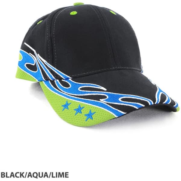 A black cap with aqua and lime flame designs, featuring a mesh panel and stars on the brim.