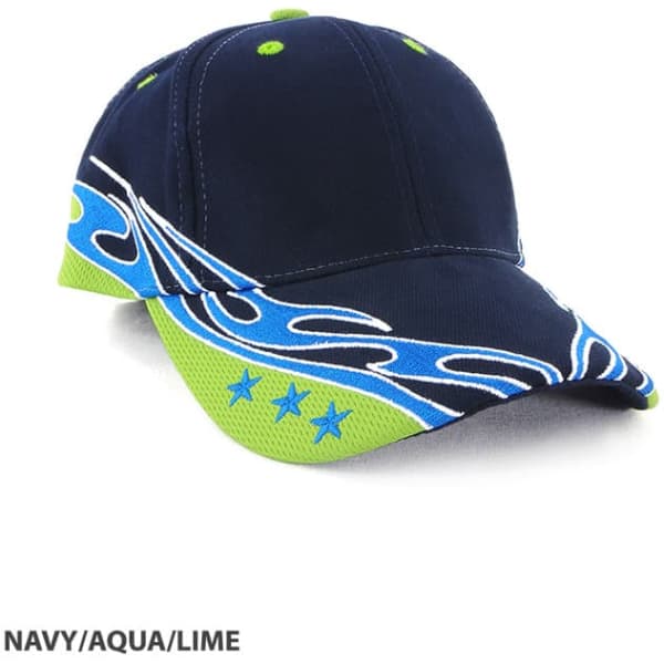 A navy cap with aqua and lime detailing, featuring a logo and a decorative wave design on the brim.