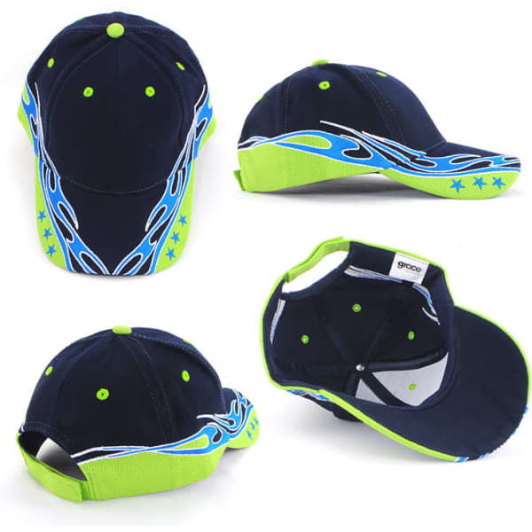 A navy blue cap with vibrant blue and lime green designs, featuring a logo and adjustable back.