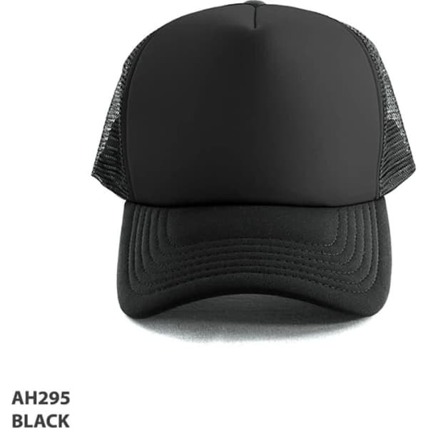 A black Polymesh Trucker Cap with a solid front and mesh back, featuring a logo.