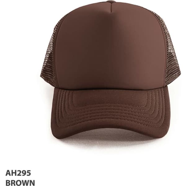 A brown Polymesh Trucker Cap featuring a solid front and mesh sides, with a logo on the front.