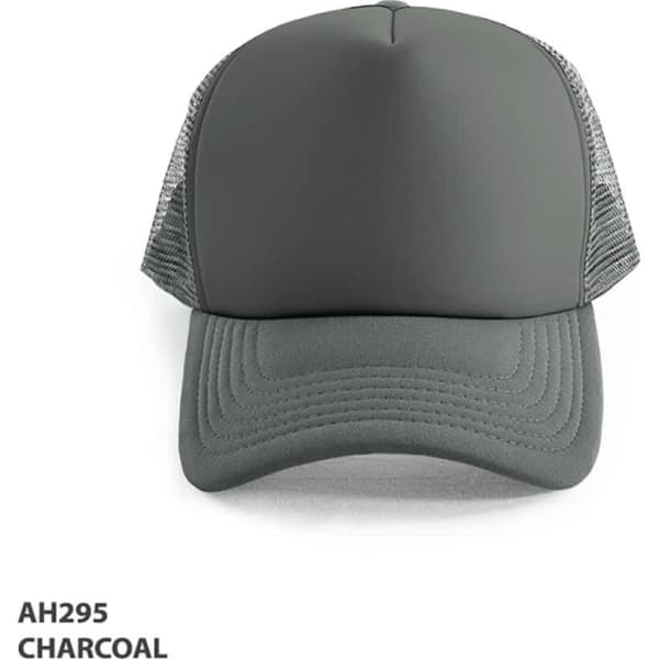 A charcoal Polymesh Trucker Cap with a solid front and mesh back, featuring a logo.
