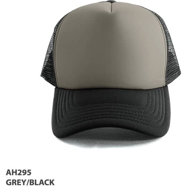 A grey and black Polymesh trucker cap featuring a structured front and mesh sides, with a logo on the front.