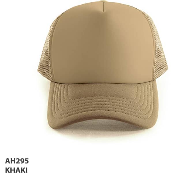 A khaki Polymesh Trucker Cap with a solid front and mesh sides, featuring a branding logo.