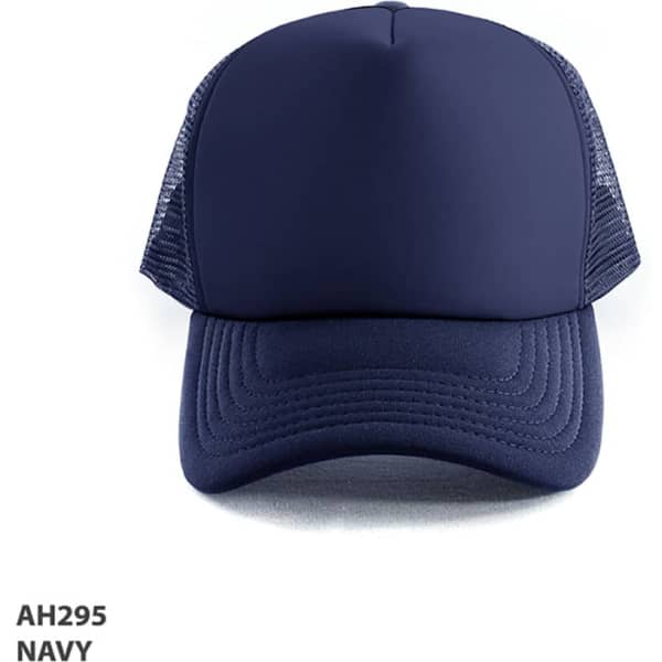 A navy Polymesh Trucker Cap with a solid front and mesh back, featuring a logo on the front.