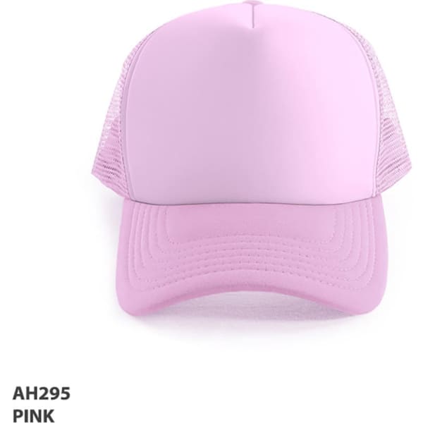 A pink Polymesh Trucker Cap with a solid front and mesh sides, featuring a logo on the front.