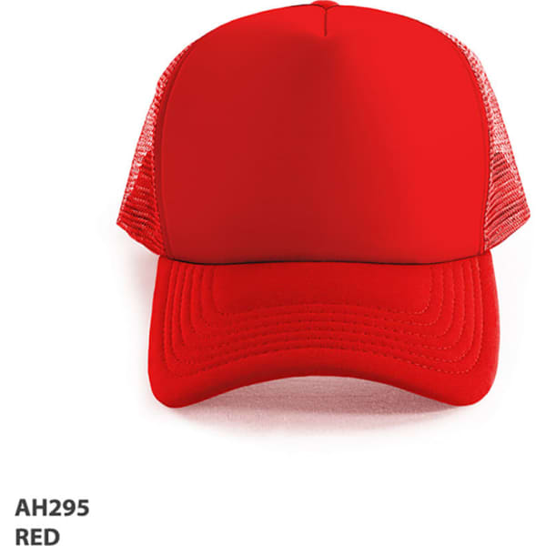 A red Polymesh Trucker Cap with a solid front and mesh back, featuring a logo on the front.
