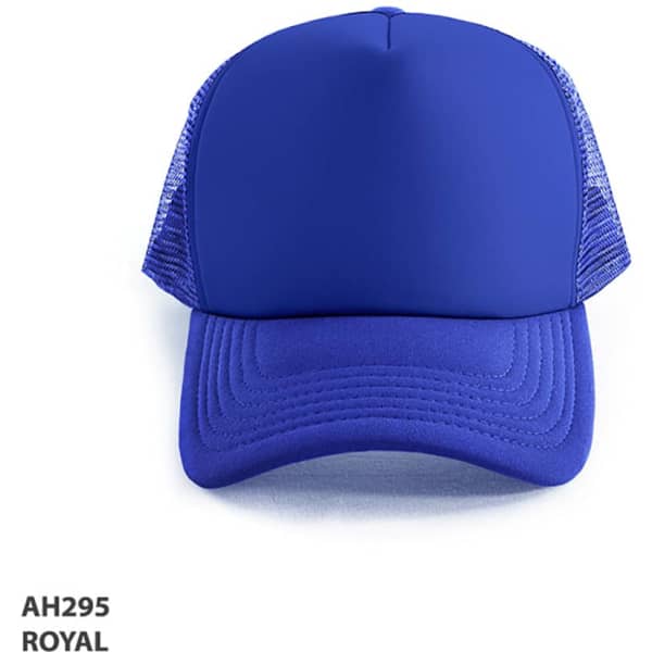 A blue Polymesh Trucker Cap with a solid front and mesh sides, featuring a logo.
