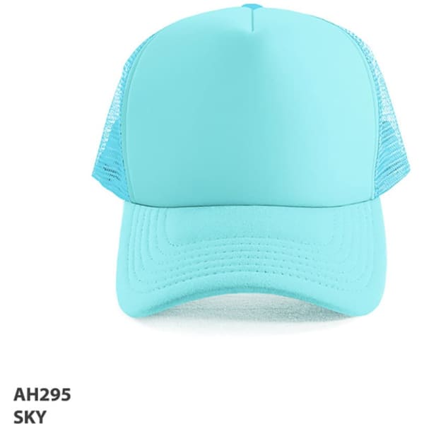 A sky blue Polymesh Trucker Cap with a mesh back and a solid front panel, featuring a logo.