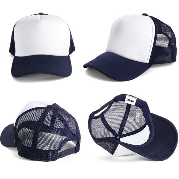A navy and white Polymesh Trucker Cap featuring mesh panels and a logo on the back.